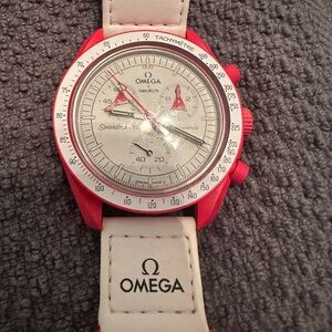 Swatch x Omega Red and White Speedmaster Style Wristwatch